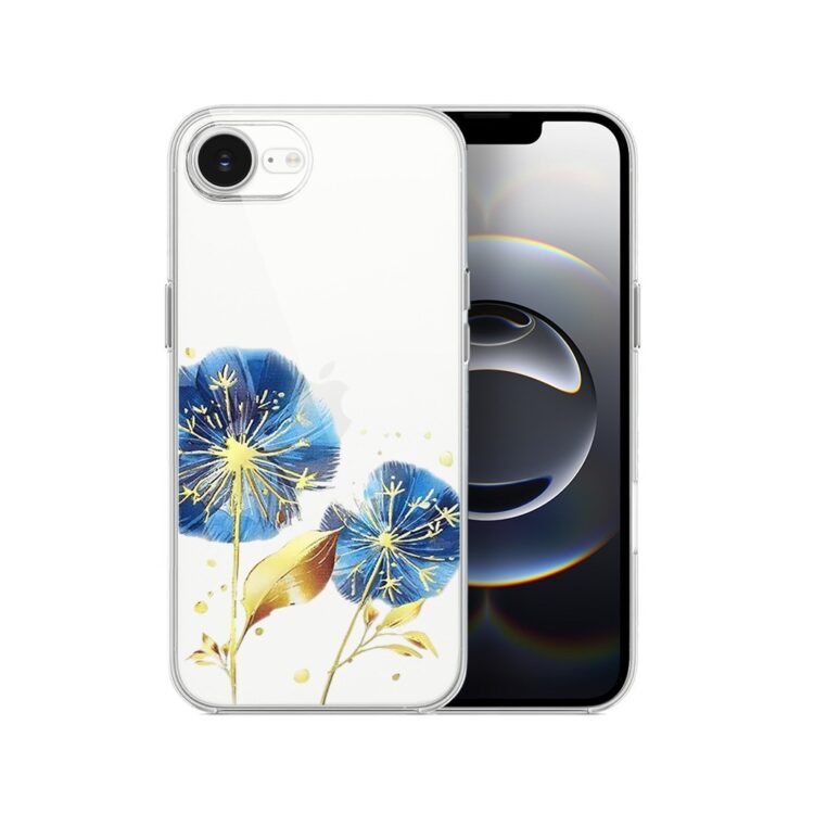 Etui do iPhone 16e, przeźroczyste, niebieskie dmuchawce ze złotym zdobieniem (5)