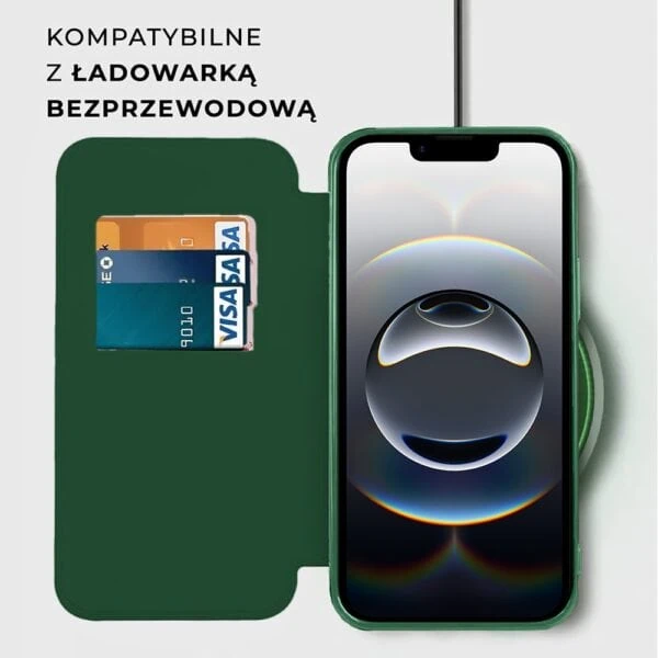 Etui do iPhone 16e typu książka Book Magsafe Lens Protect, z klapką, zielone (3)