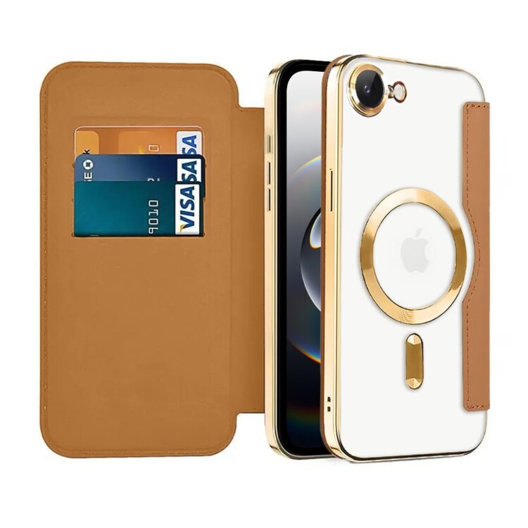 Etui do iPhone 16e typu książka Book Magsafe Lens Protect, z klapką, złote (1)