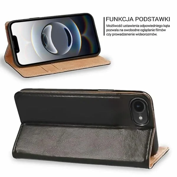 Etui do iPhone 16e zamykane, eleganckie skórzane, czarne (6)