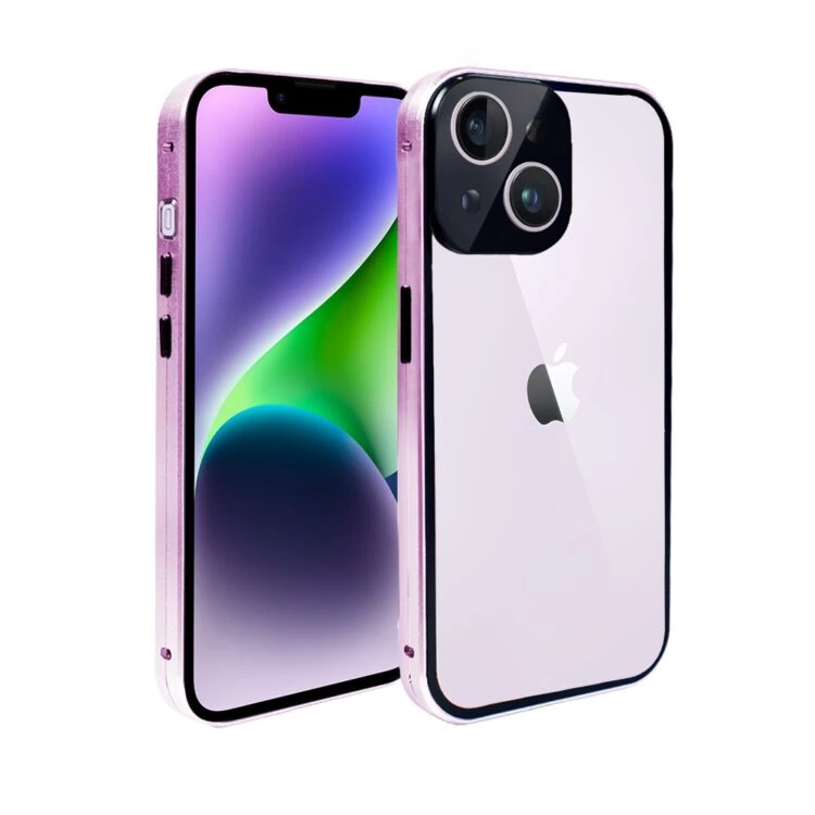 Obudowa do iPhone 14 podwójna szyba i aluminium 360° przód + tył magnetyczna, z osłoną aparatu, fioletowa (1)
