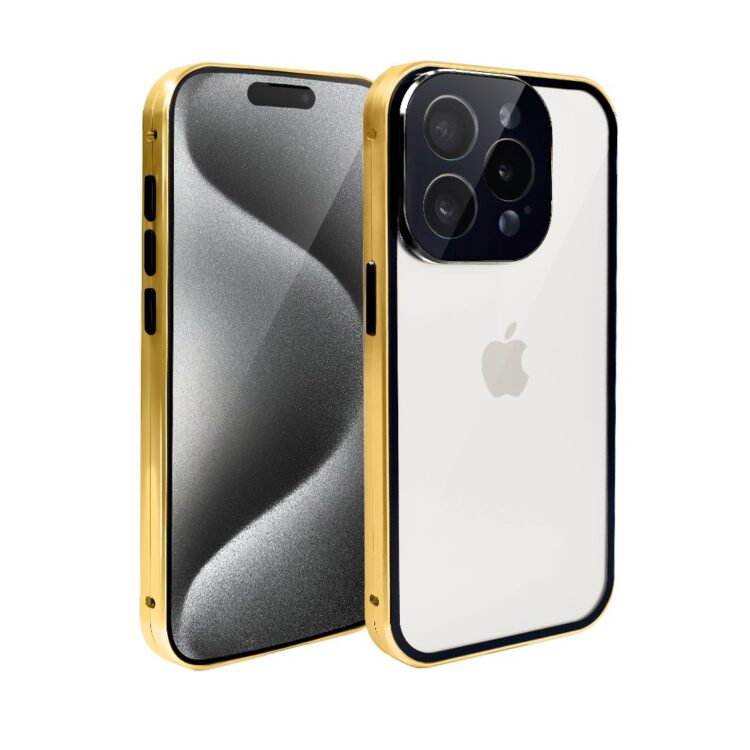 Obudowa do iPhone 15 Pro Max, podwójna szyba i aluminium 360° przód + tył magnetyczna, z osłoną aparatu, złota (2)