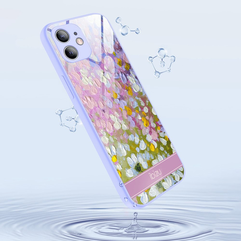 Etui do iPhone 12, Ibizu, szklany tył, osłona kamery, malowana łąka, fioletowe (3)