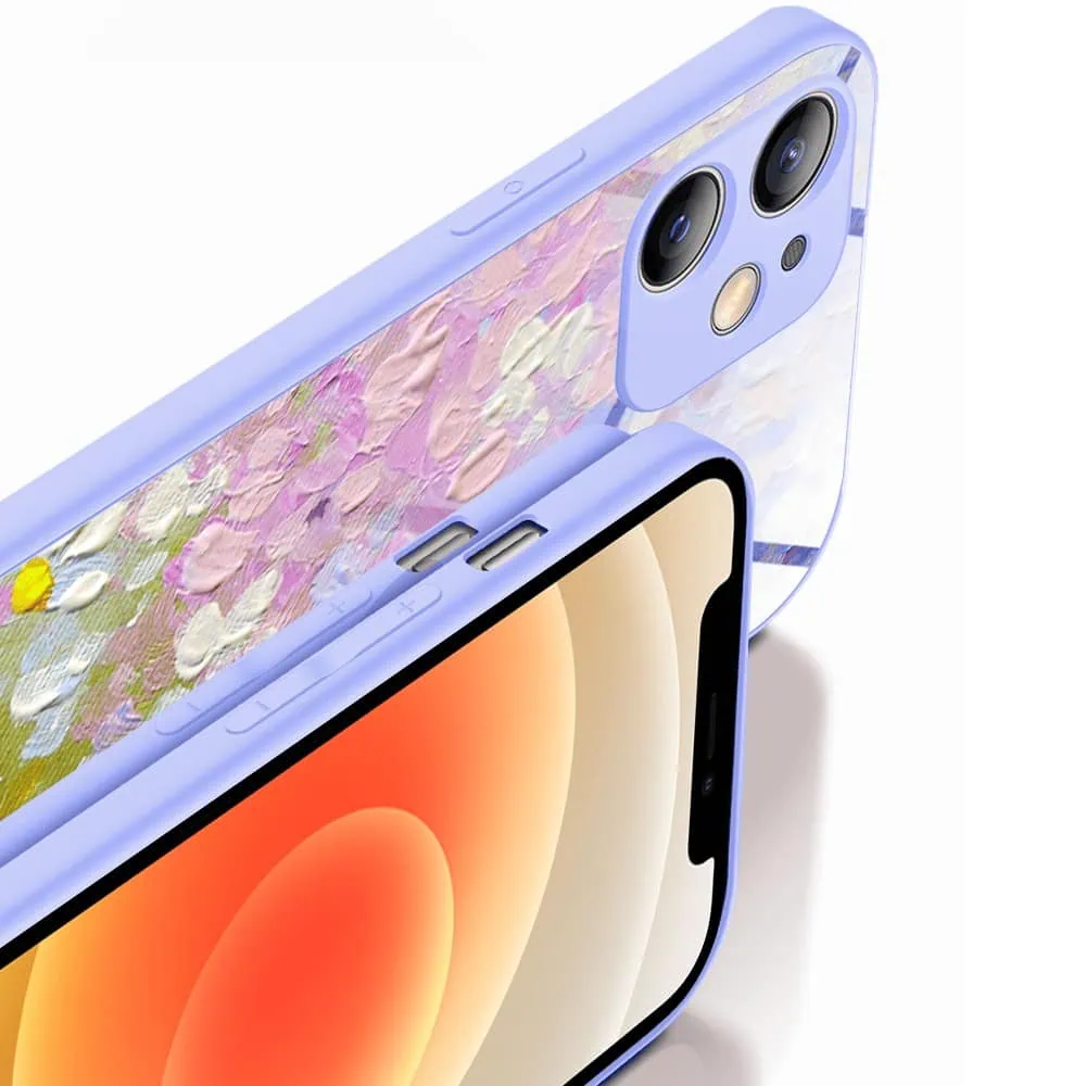 Etui do iPhone 12, Ibizu, szklany tył, osłona kamery, malowana łąka, fioletowe (4)