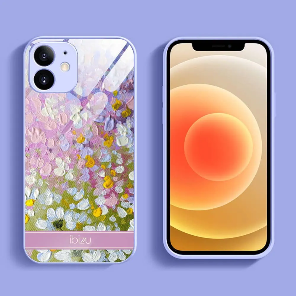 Etui do iPhone 12, Ibizu, szklany tył, osłona kamery, malowana łąka, fioletowe (5)