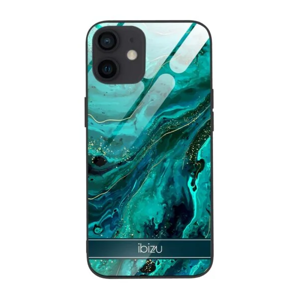 Etui do iPhone 12, Ibizu, szklany tył, zielony marmurek ze złoceniem, czarne (1)