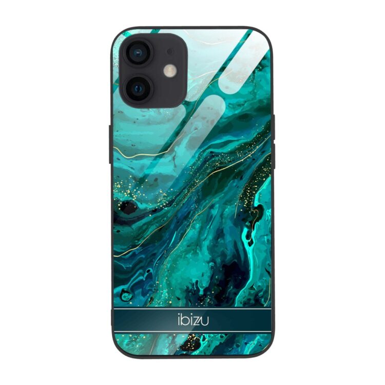 Etui do iPhone 12, Ibizu, szklany tył, zielony marmurek ze złoceniem, czarne (1)