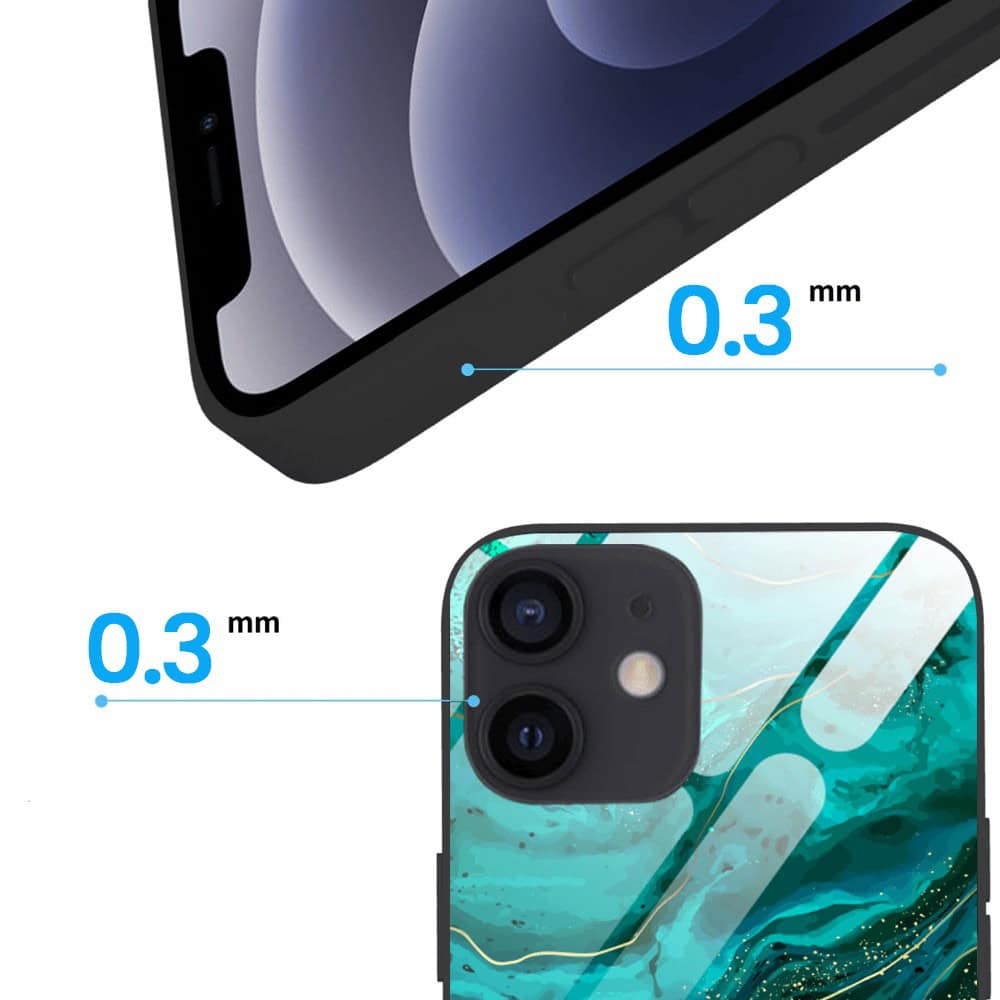 Etui do iPhone 12, Ibizu, szklany tył, zielony marmurek ze złoceniem, czarne (3)