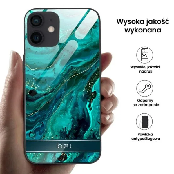 Etui do iPhone 12, Ibizu, szklany tył, zielony marmurek ze złoceniem, czarne (4)