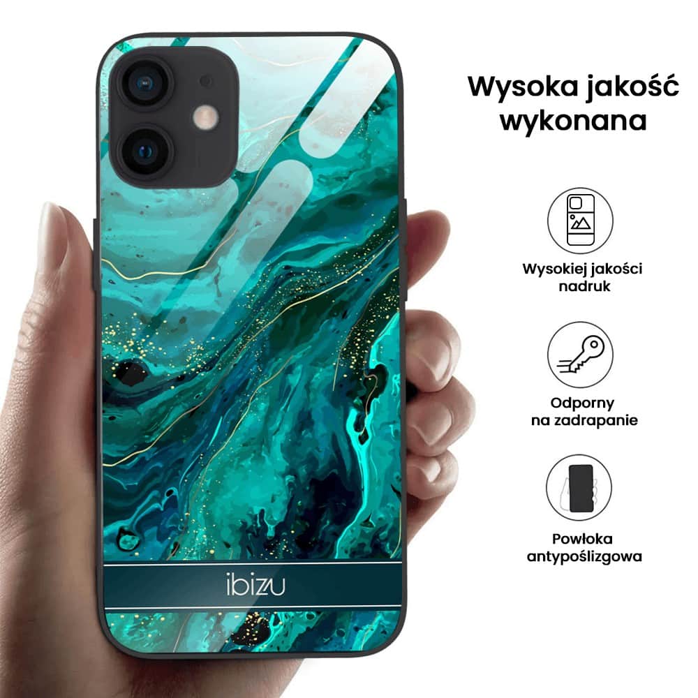 Etui do iPhone 12, Ibizu, szklany tył, zielony marmurek ze złoceniem, czarne (4)