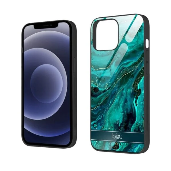 Etui do iPhone 12, Ibizu, szklany tył, zielony marmurek ze złoceniem, czarne (5)