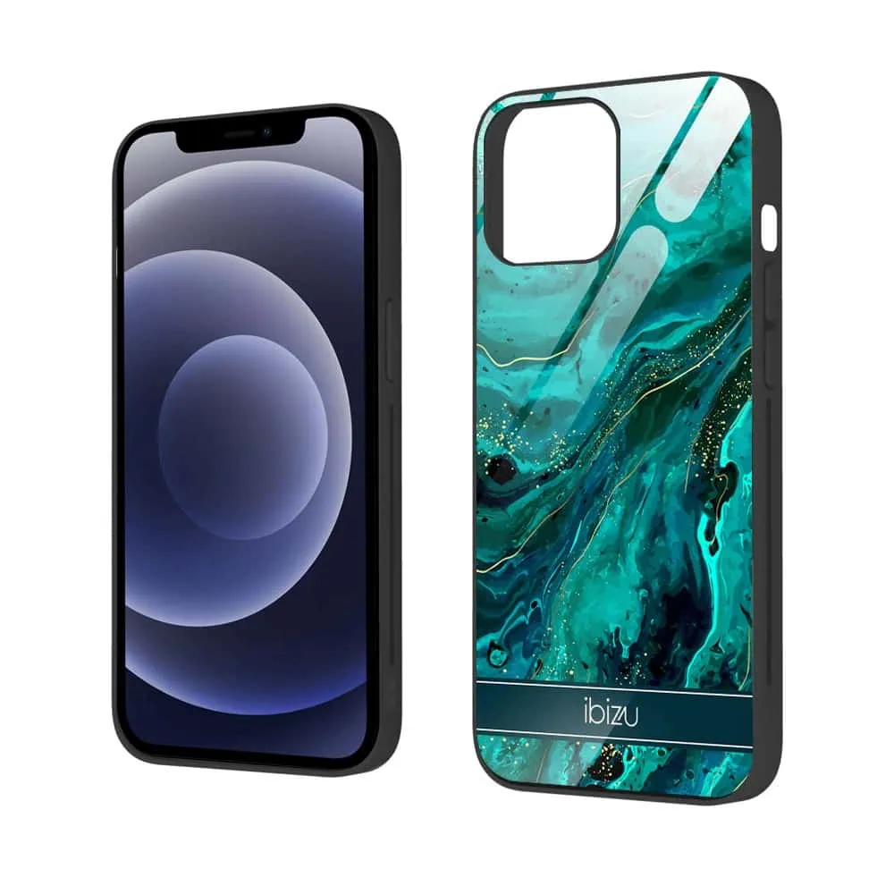 Etui do iPhone 12, Ibizu, szklany tył, zielony marmurek ze złoceniem, czarne (5)