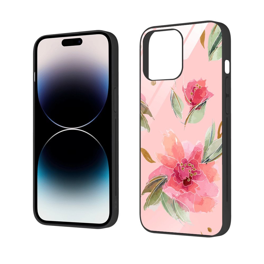 Etui do iPhone 12 Pro, szklany tył, różowa wiosna, czarne (1) (1)