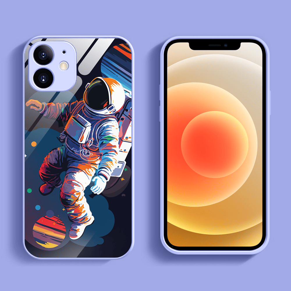 Etui do iPhone 12, szklany tył, osłona kamery, Kosmiczny podróżnik, fioletowe (1)