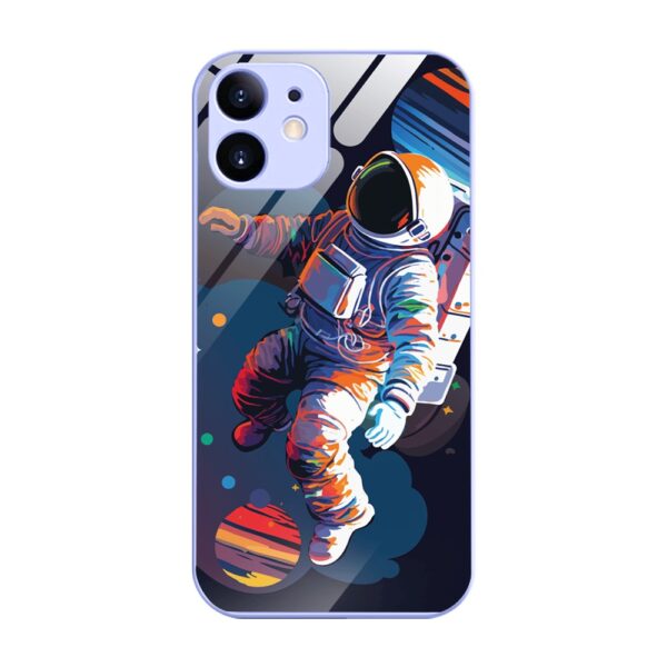 Etui do iPhone 12, szklany tył, osłona kamery, Kosmiczny podróżnik, fioletowe