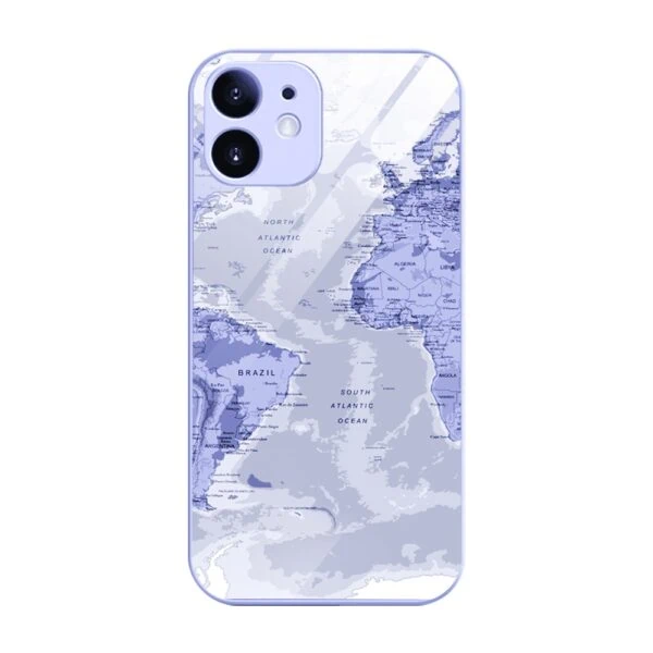 Etui do iPhone 12, szklany tył, osłona kamery, mapa świata, fioletowe (1)