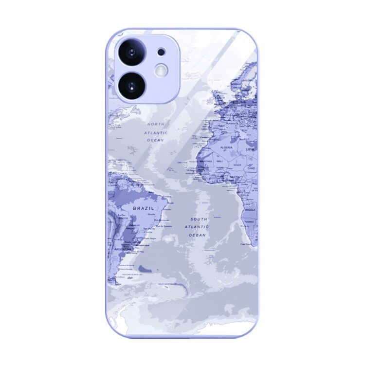 Etui do iPhone 12, szklany tył, osłona kamery, mapa świata, fioletowe (1)