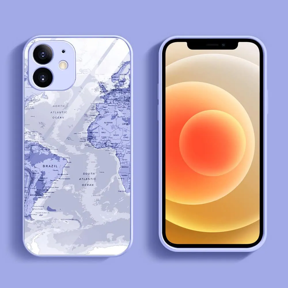 Etui do iPhone 12, szklany tył, osłona kamery, mapa świata, fioletowe (2)