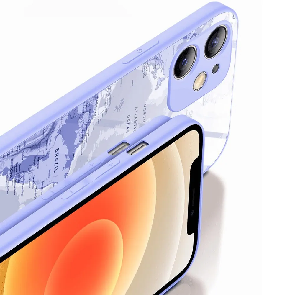 Etui do iPhone 12, szklany tył, osłona kamery, mapa świata, fioletowe (3)