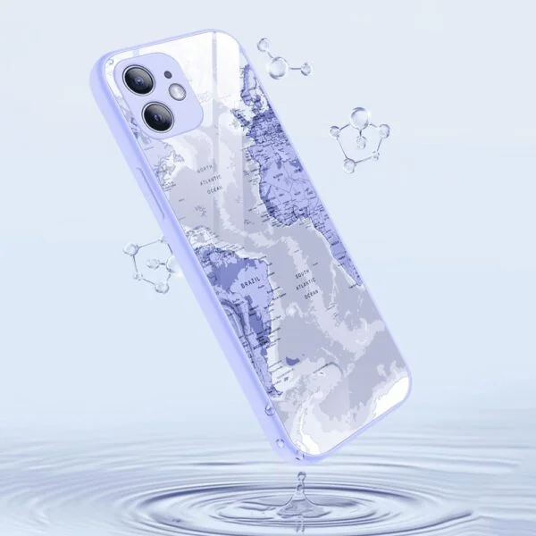 Etui do iPhone 12, szklany tył, osłona kamery, mapa świata, fioletowe (5)
