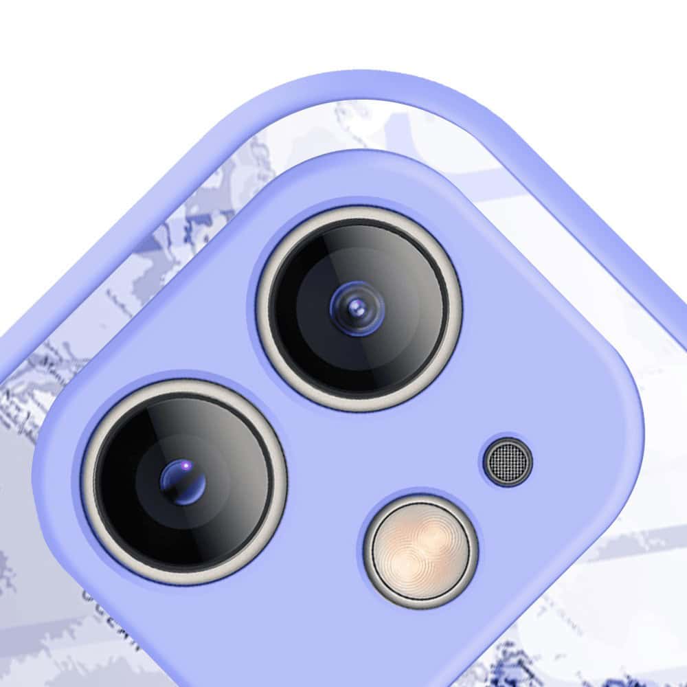 Etui do iPhone 12, szklany tył, osłona kamery, mapa świata, fioletowe (6)