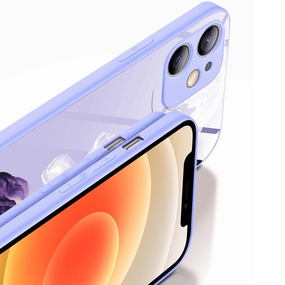 Etui do iPhone 12, szklany tył, osłona kamery, purpurowa harmonia kwiatów, fioletowe (1)