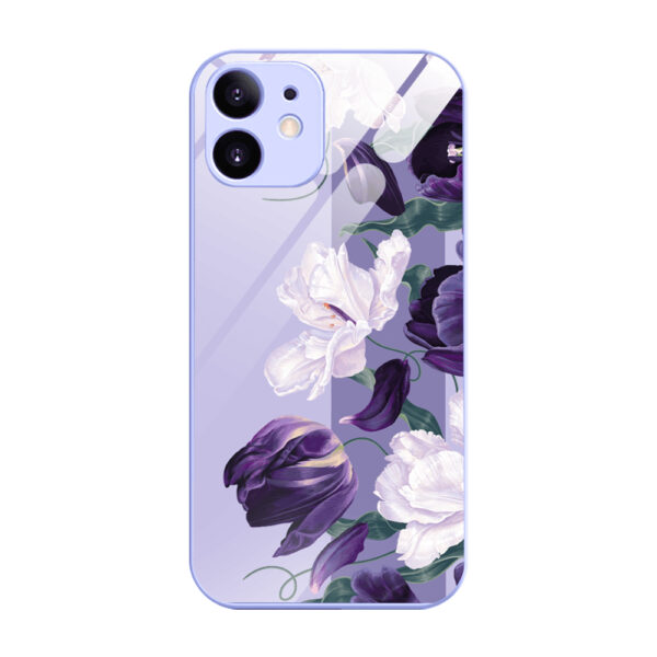 Etui do iPhone 12, szklany tył, osłona kamery, purpurowa harmonia kwiatów, fioletowe (1)