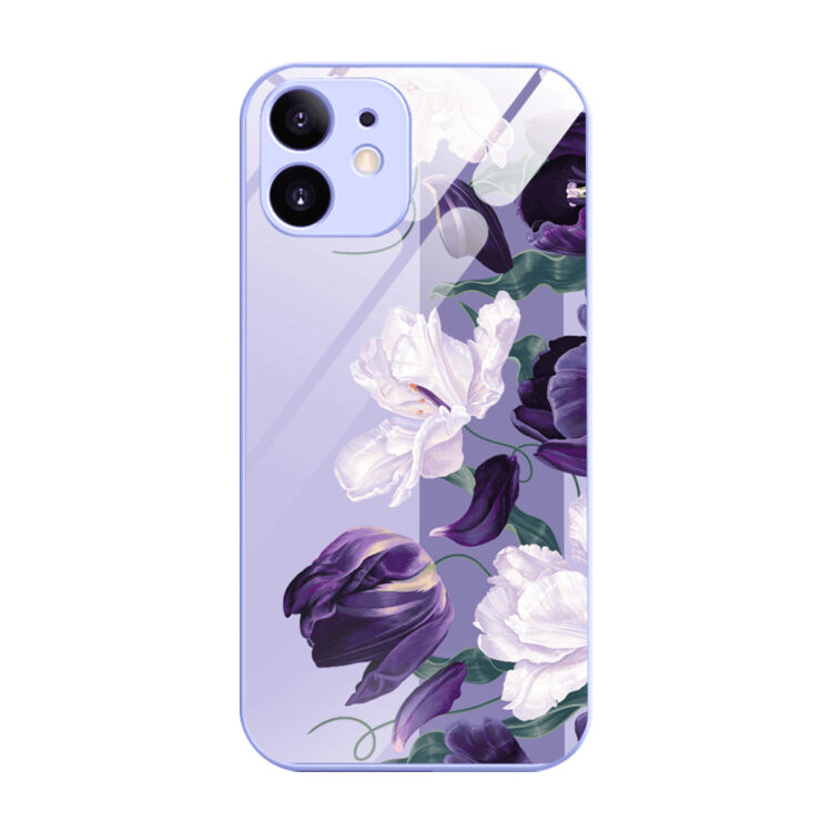 Etui do iPhone 12, szklany tył, osłona kamery, purpurowa harmonia kwiatów, fioletowe (1)