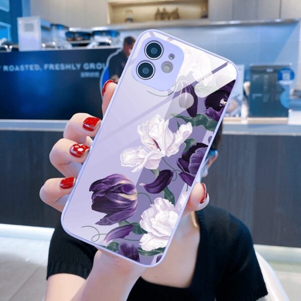 Etui do iPhone 12, szklany tył, osłona kamery, purpurowa harmonia kwiatów, fioletowe (2)