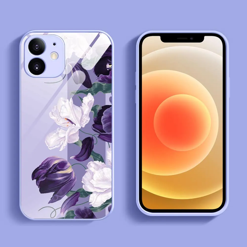 Etui do iPhone 12, szklany tył, osłona kamery, purpurowa harmonia kwiatów, fioletowe (2)