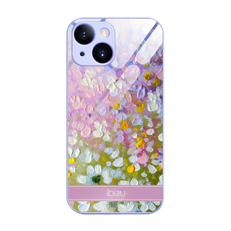 Etui do iPhone 13, Ibizu, szklany tył, osłona kamery, malowana łąka, fioletowe (1)