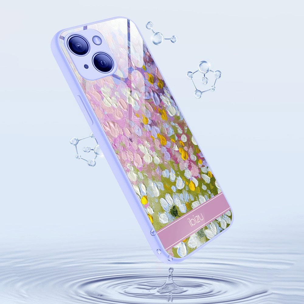 Etui do iPhone 13, Ibizu, szklany tył, osłona kamery, malowana łąka, fioletowe (3)