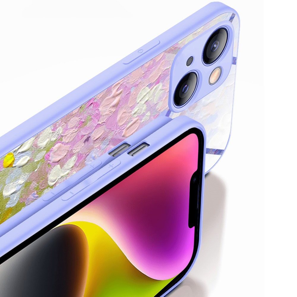 Etui do iPhone 13, Ibizu, szklany tył, osłona kamery, malowana łąka, fioletowe (4)