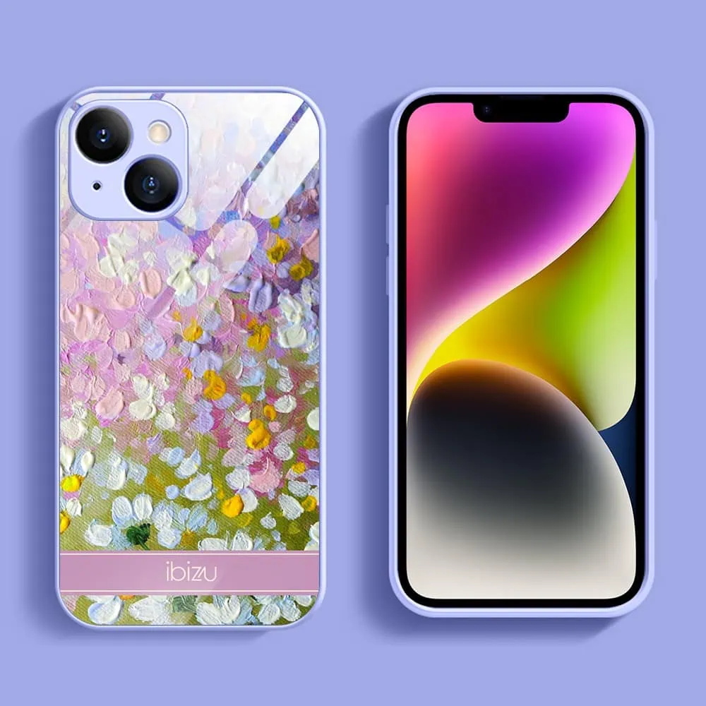 Etui do iPhone 13, Ibizu, szklany tył, osłona kamery, malowana łąka, fioletowe (6)