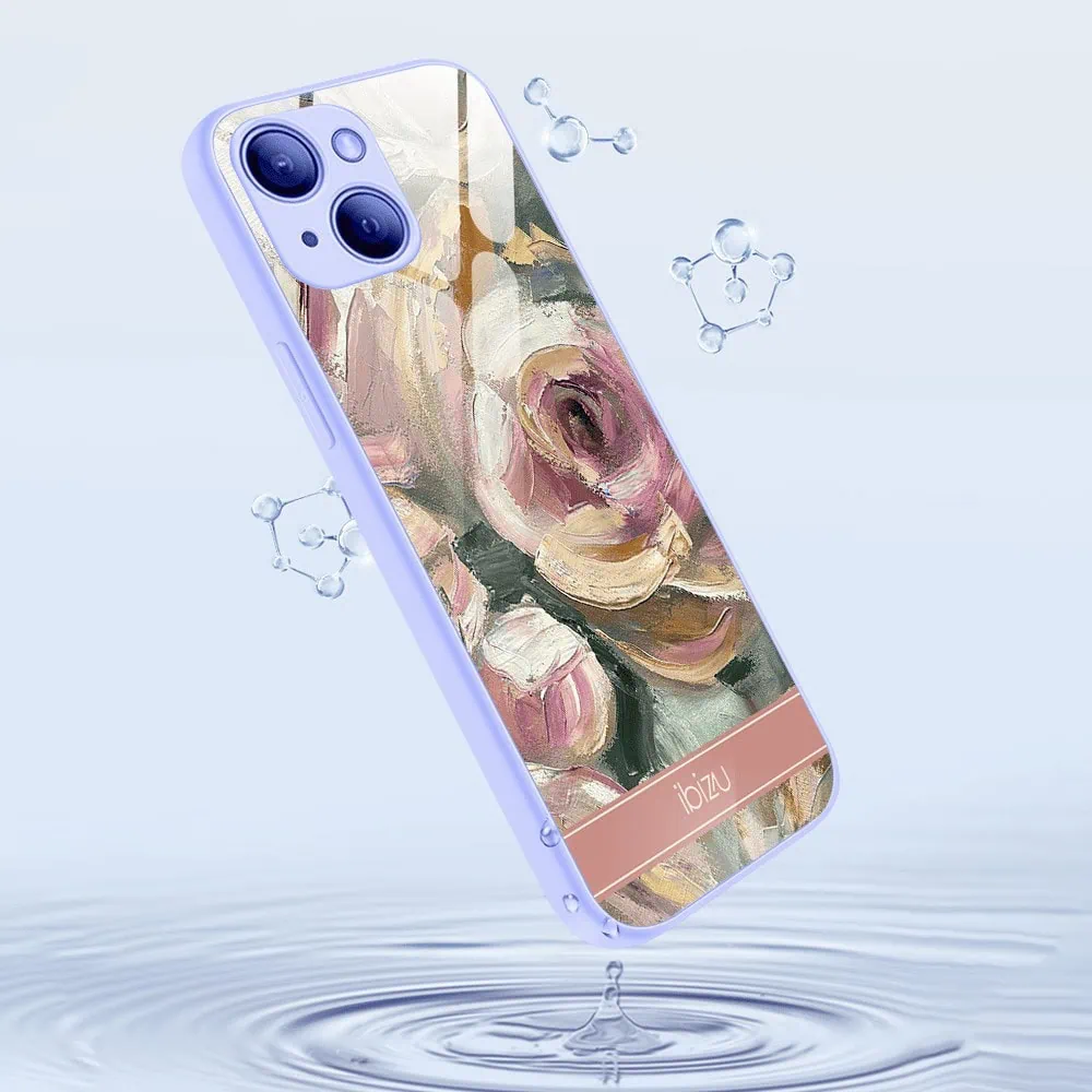 Etui do iPhone 13, Ibizu, szklany tył, osłona kamery, namalowane róże, fioletowe (3)
