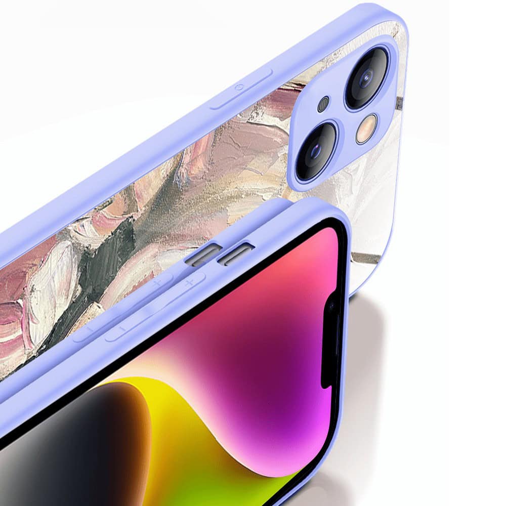 Etui do iPhone 13, Ibizu, szklany tył, osłona kamery, namalowane róże, fioletowe (5)