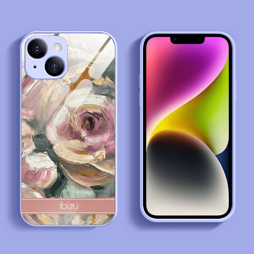 Etui do iPhone 13, Ibizu, szklany tył, osłona kamery, namalowane róże, fioletowe (6)