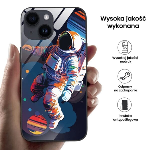 Etui do iPhone 13, szklany tył, Kosmiczny podróżnik, czarne (5)