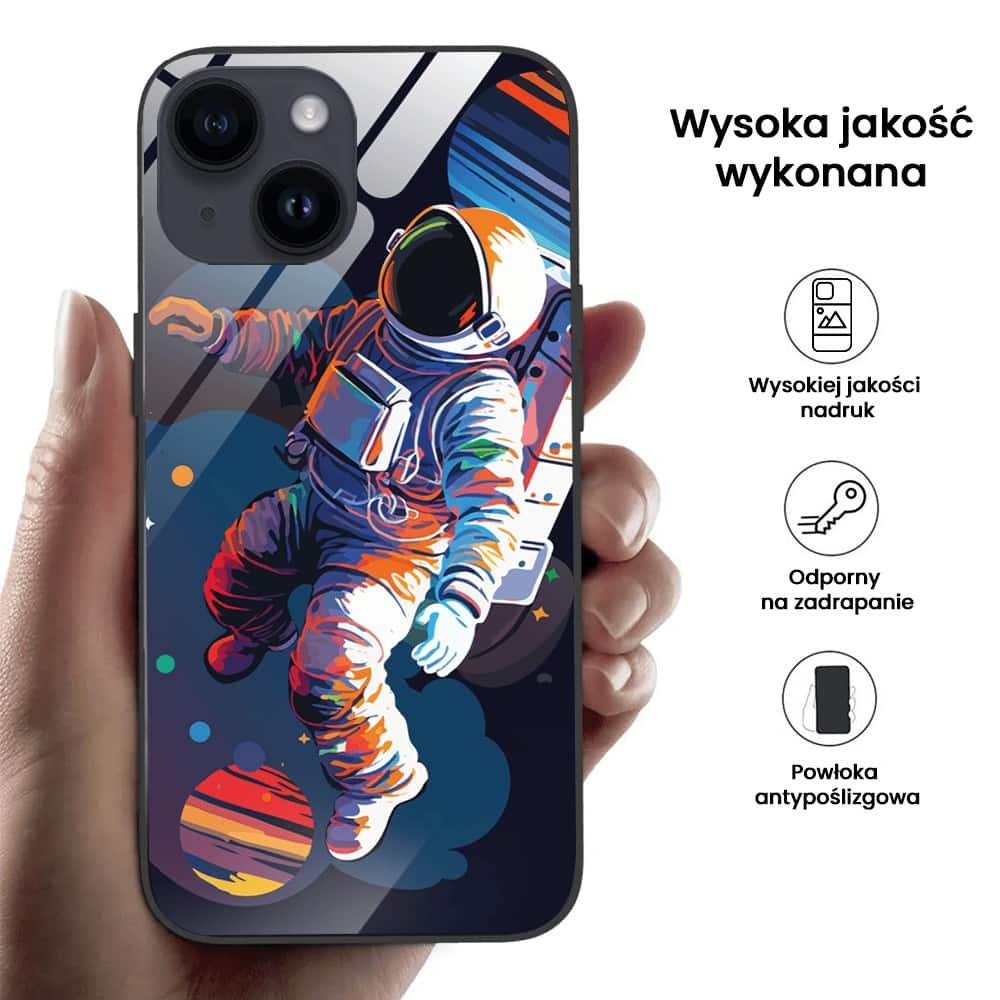 Etui do iPhone 13, szklany tył, Kosmiczny podróżnik, czarne (5)