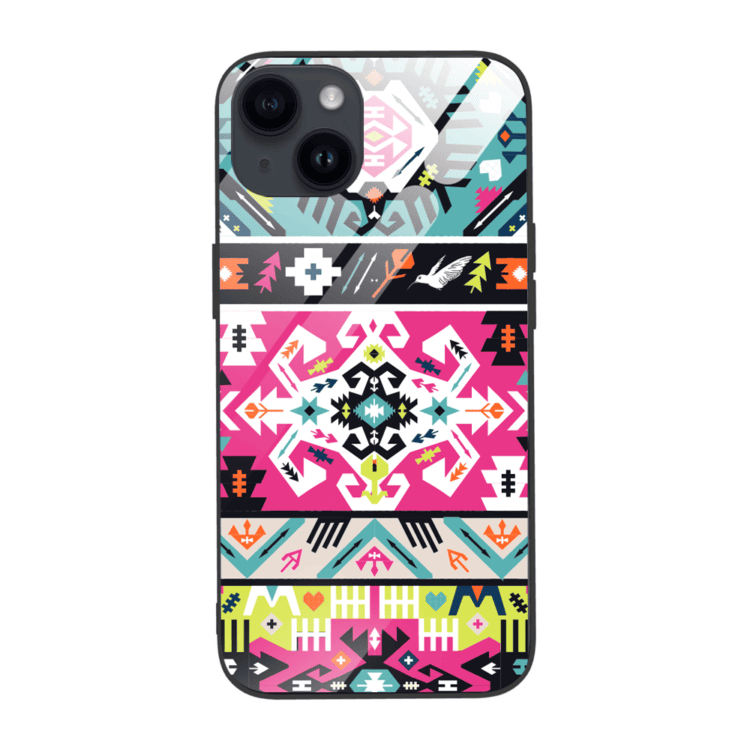 Etui do iPhone 13, szklany tył, kolorowe mandale, czarne (1)