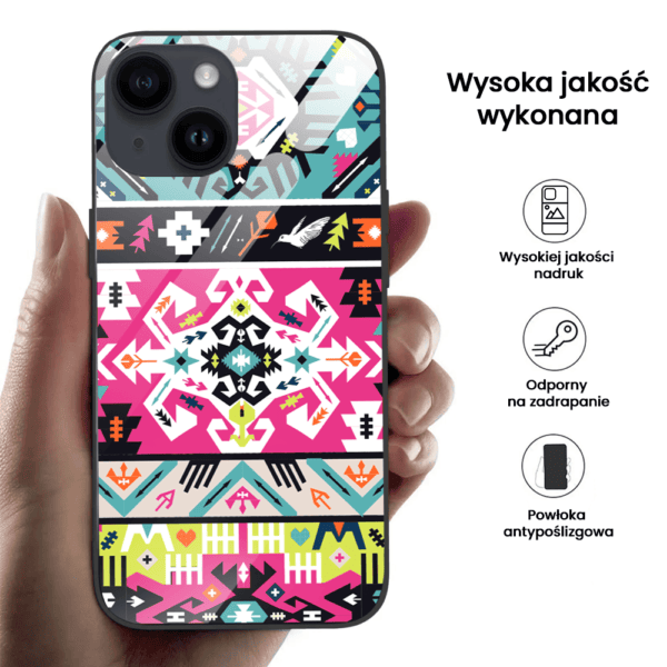 Etui do iPhone 13, szklany tył, kolorowe mandale, czarne (4)