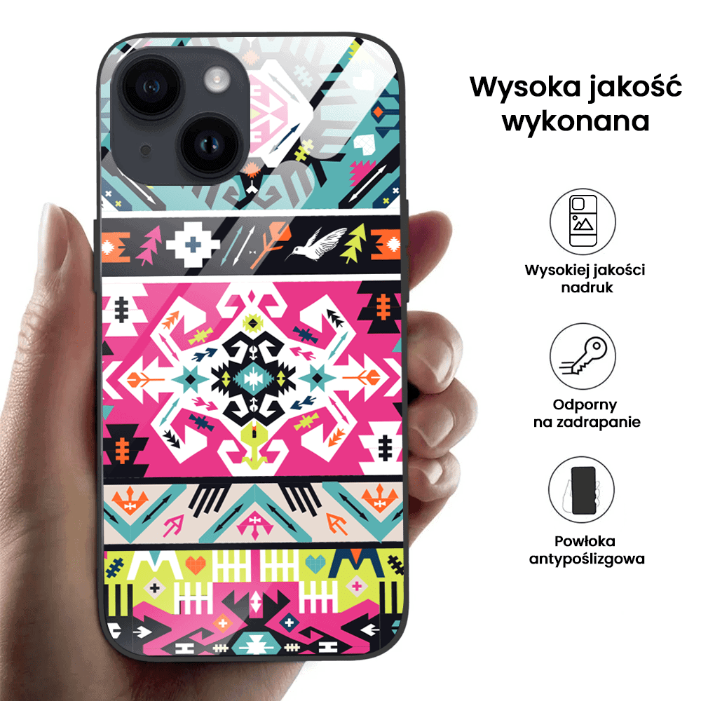 Etui do iPhone 13, szklany tył, kolorowe mandale, czarne (4)
