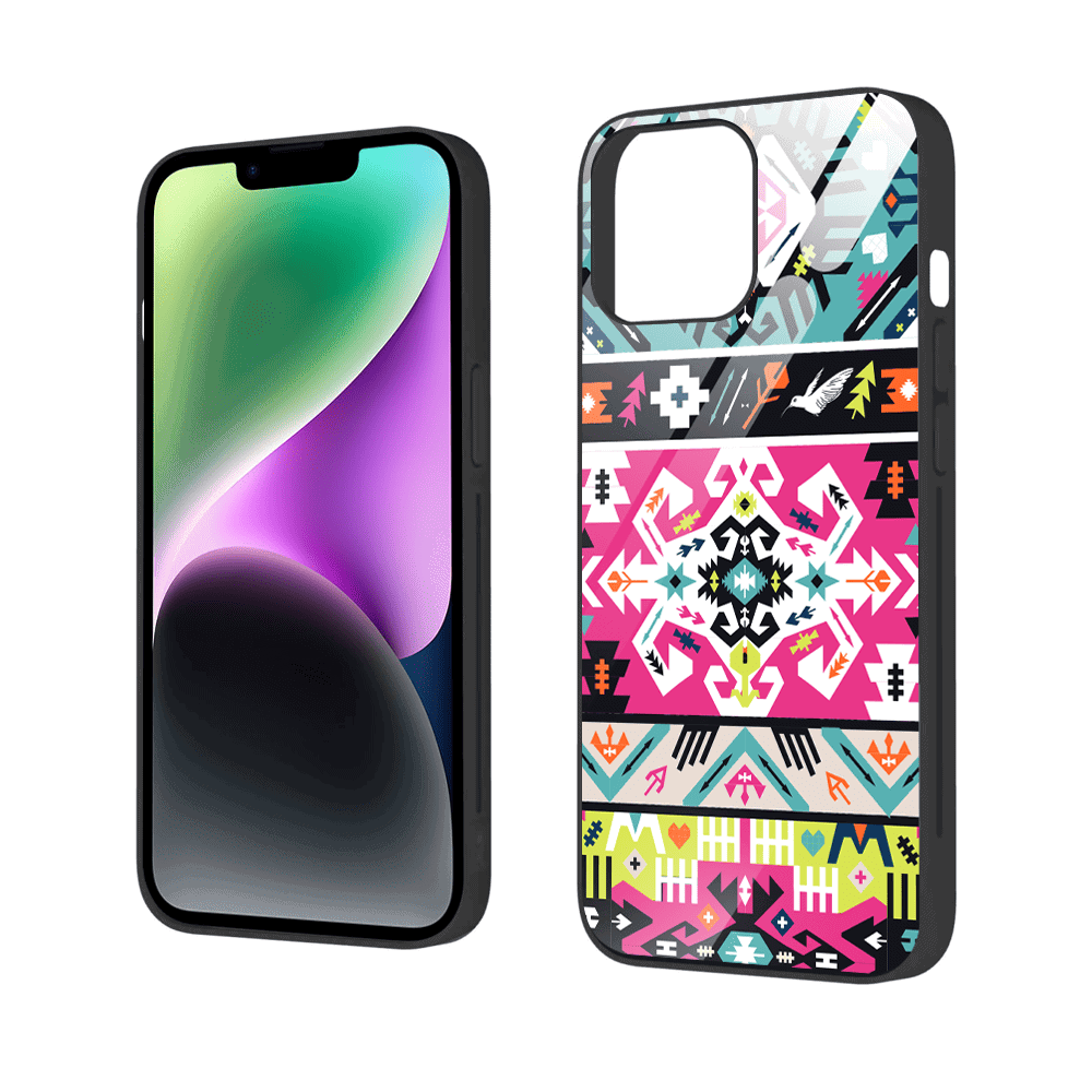 Etui do iPhone 13, szklany tył, kolorowe mandale, czarne (5)