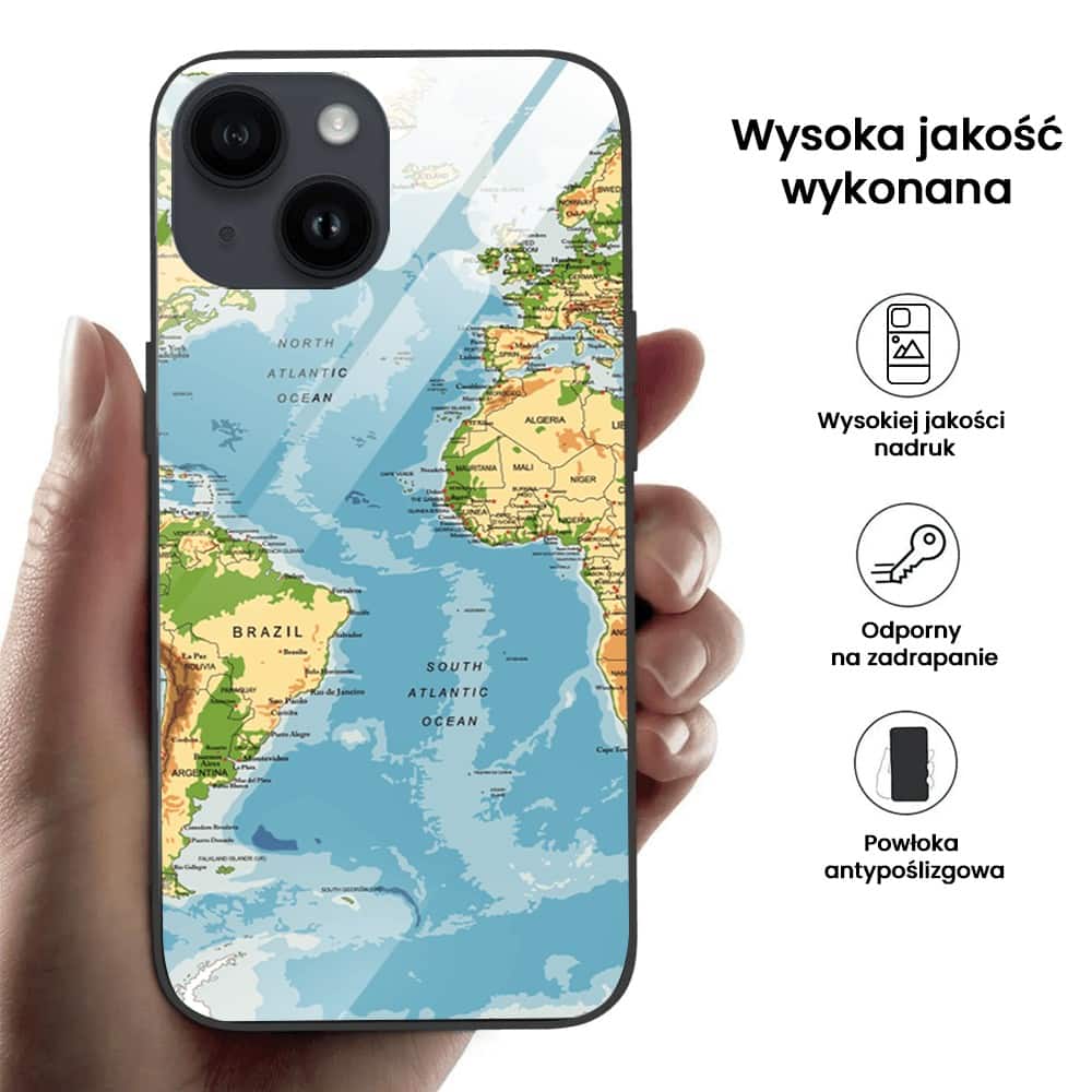 Etui do iPhone 13, szklany tył, mapa świata, czarne (4)
