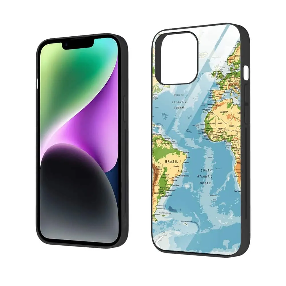 Etui do iPhone 13, szklany tył, mapa świata, czarne (5)