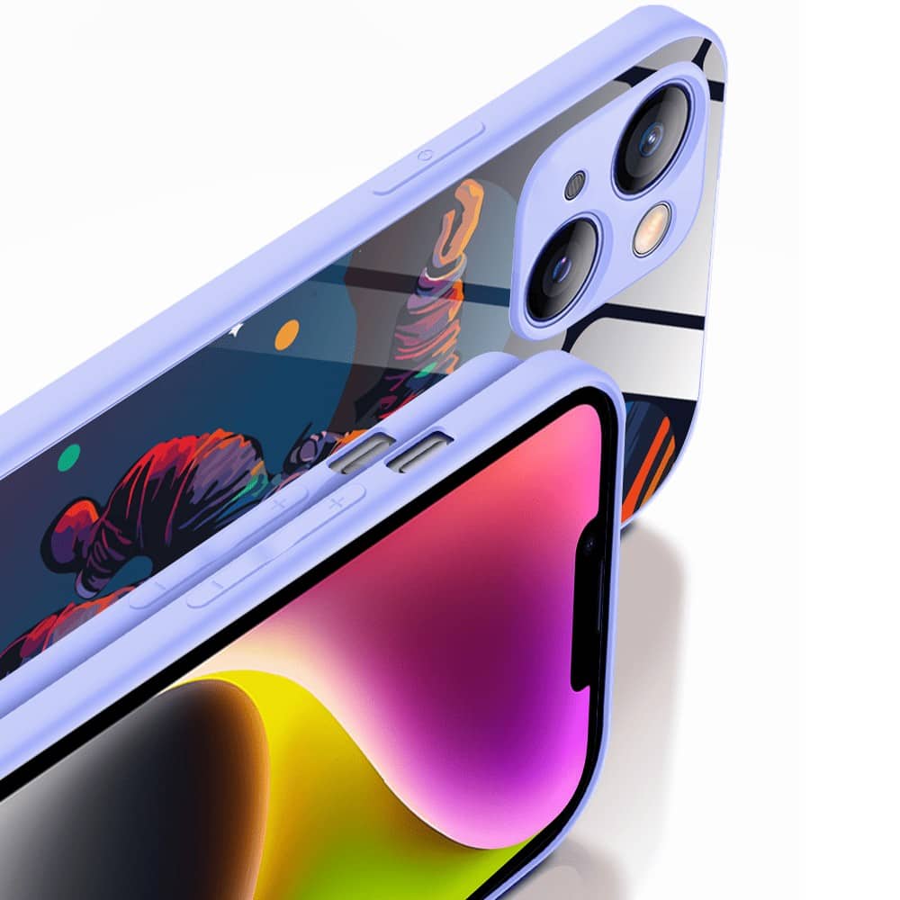 Etui do iPhone 13, szklany tył, osłona kamery, Kosmiczny podróżnik, fioletowe (5)