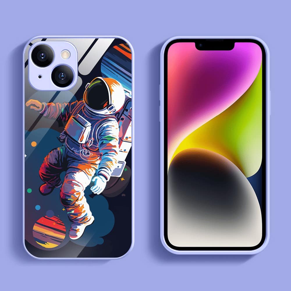 Etui do iPhone 13, szklany tył, osłona kamery, Kosmiczny podróżnik, fioletowe (6)