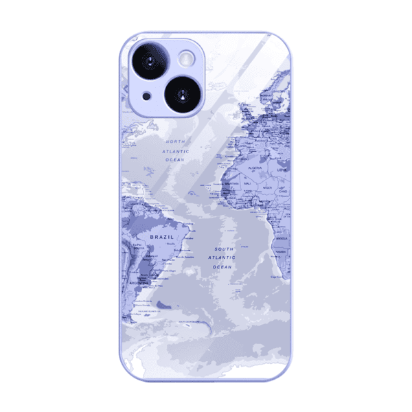 Etui do iPhone 13, szklany tył, osłona kamery, mapa świata, fioletowe (1)