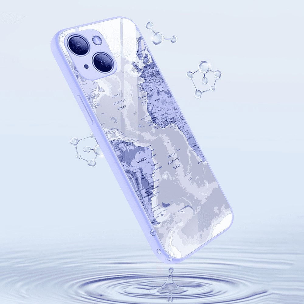 Etui do iPhone 13, szklany tył, osłona kamery, mapa świata, fioletowe (3)