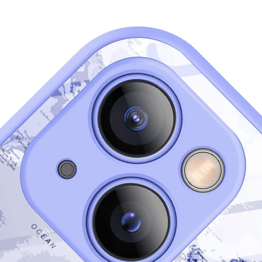 Etui do iPhone 13, szklany tył, osłona kamery, mapa świata, fioletowe (4)